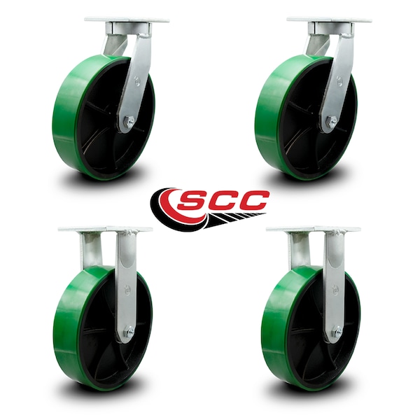 12 Inch Heavy Duty Green Poly on Cast Iron Wheel Caster Swivel 2 Rigid SCC, 2PK